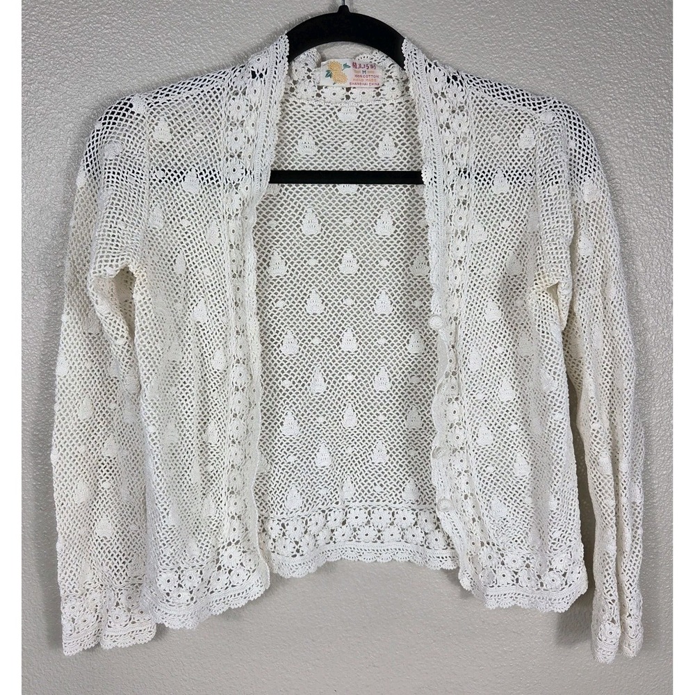 Vintage Handmade Crochet Mesh Cardigan Ivory Floral Open Knit Boho Cottagecore